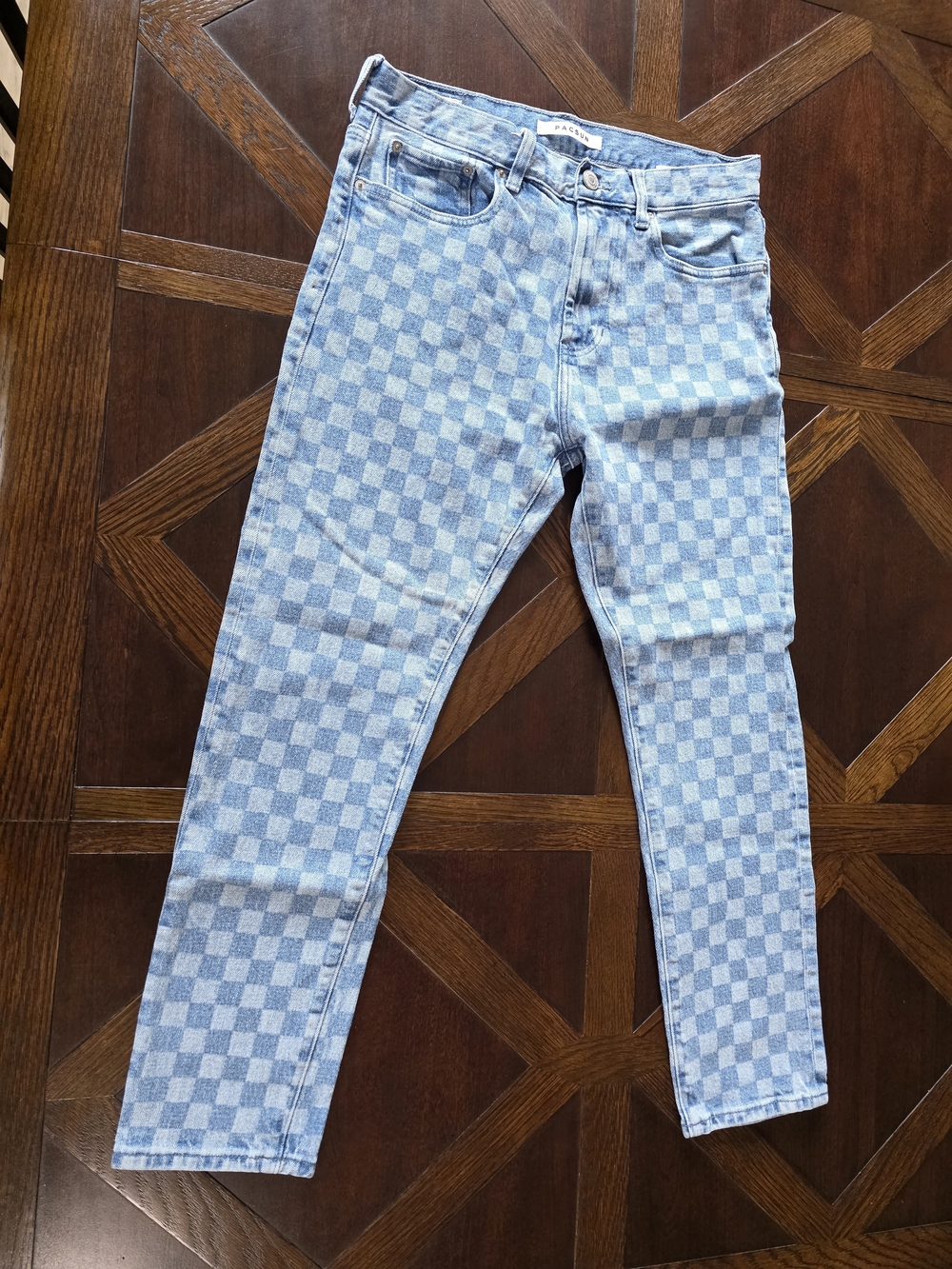 PacSun Men’s Blue Checkerboard Slim Taper JeaMen's Light Blue Checkerboard Jeans